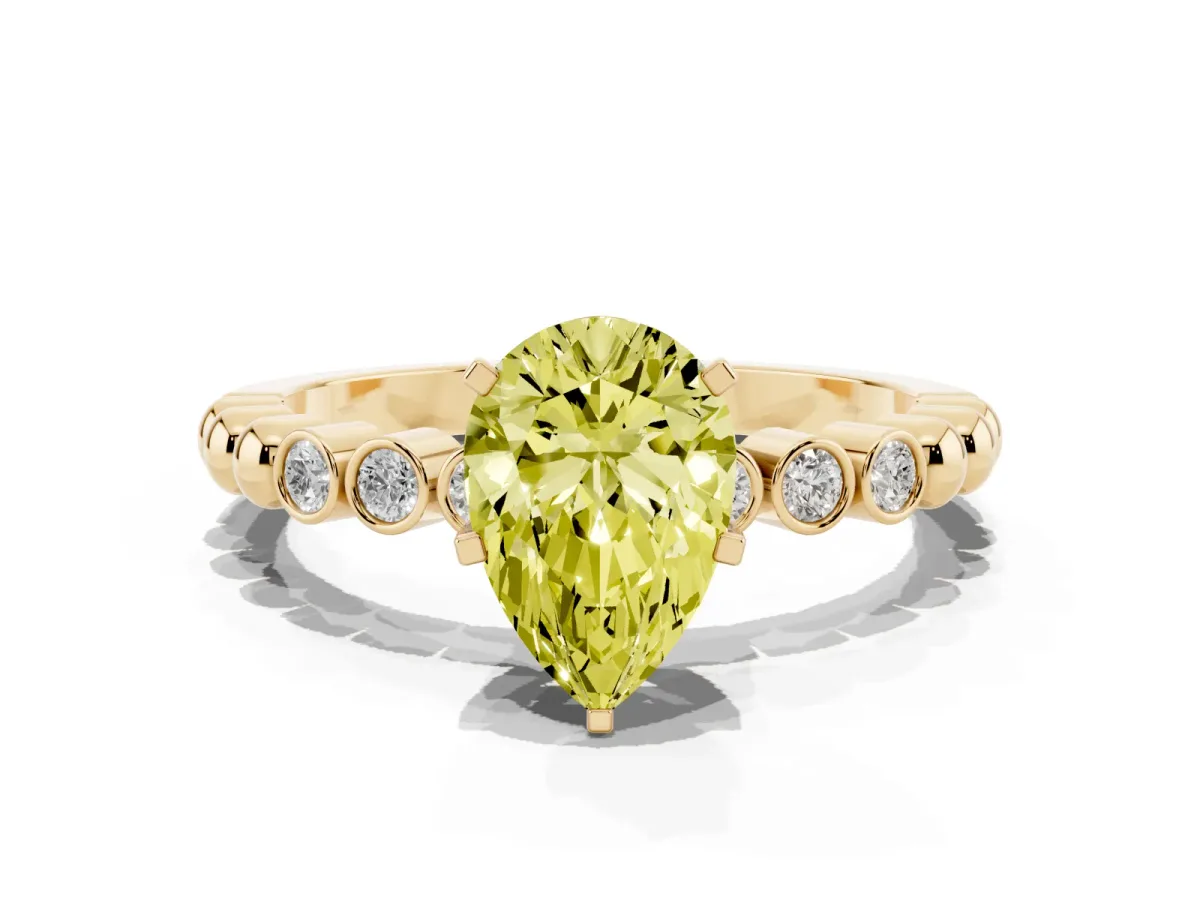 Fancy Yellow Pear Cut Solitaire Bezel Accent Diamond Engagement Ring with Beaded Band and Four-Prong Setting Yellow gold