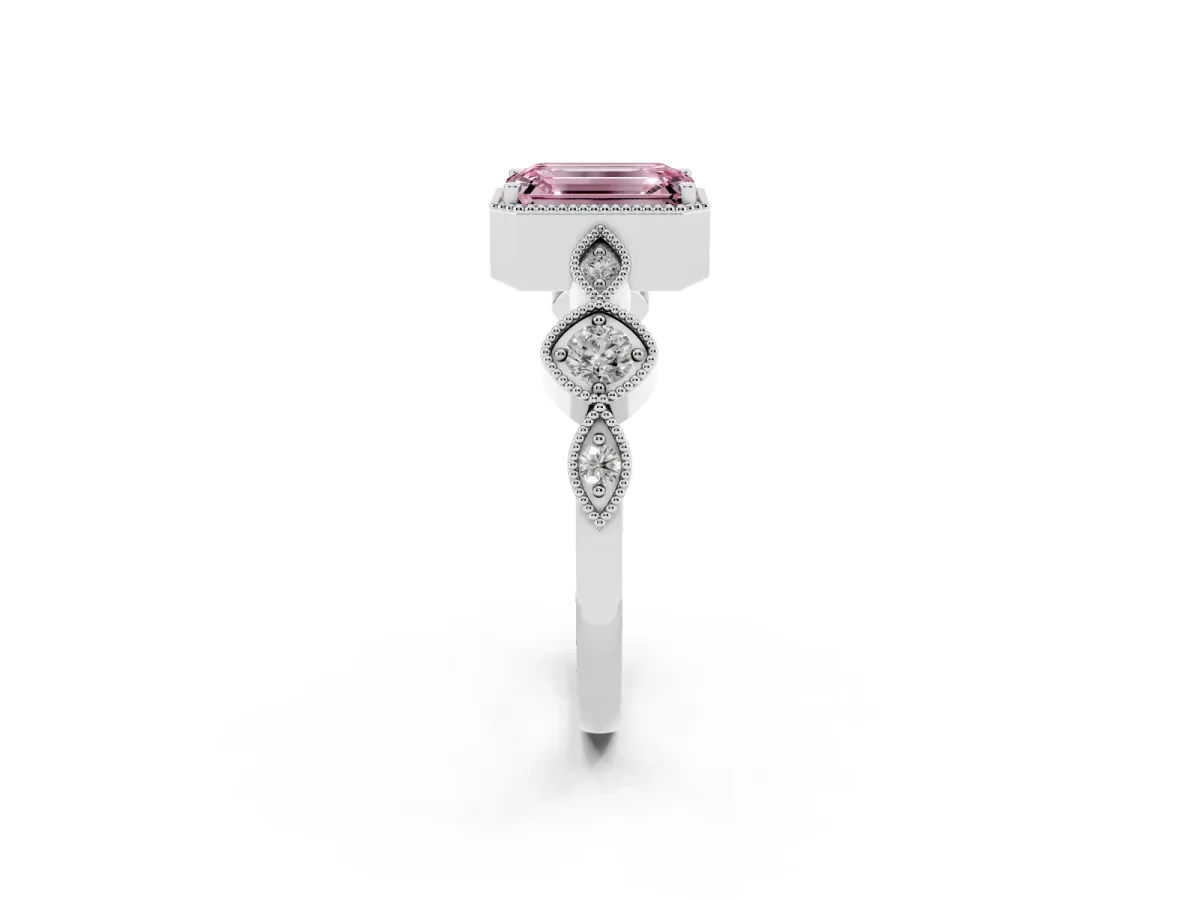 Fancy Pink Emerald Cut Diamond Vintage Milgrain Ring with Round Stations Silver