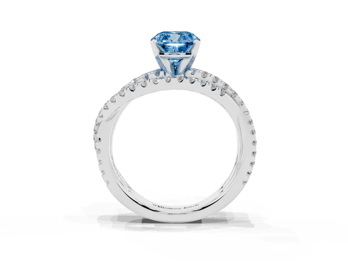 Fancy Blue Cushion Cut Solitaire Twist Band with Pavé Setting and Four-Prong Setting Silver