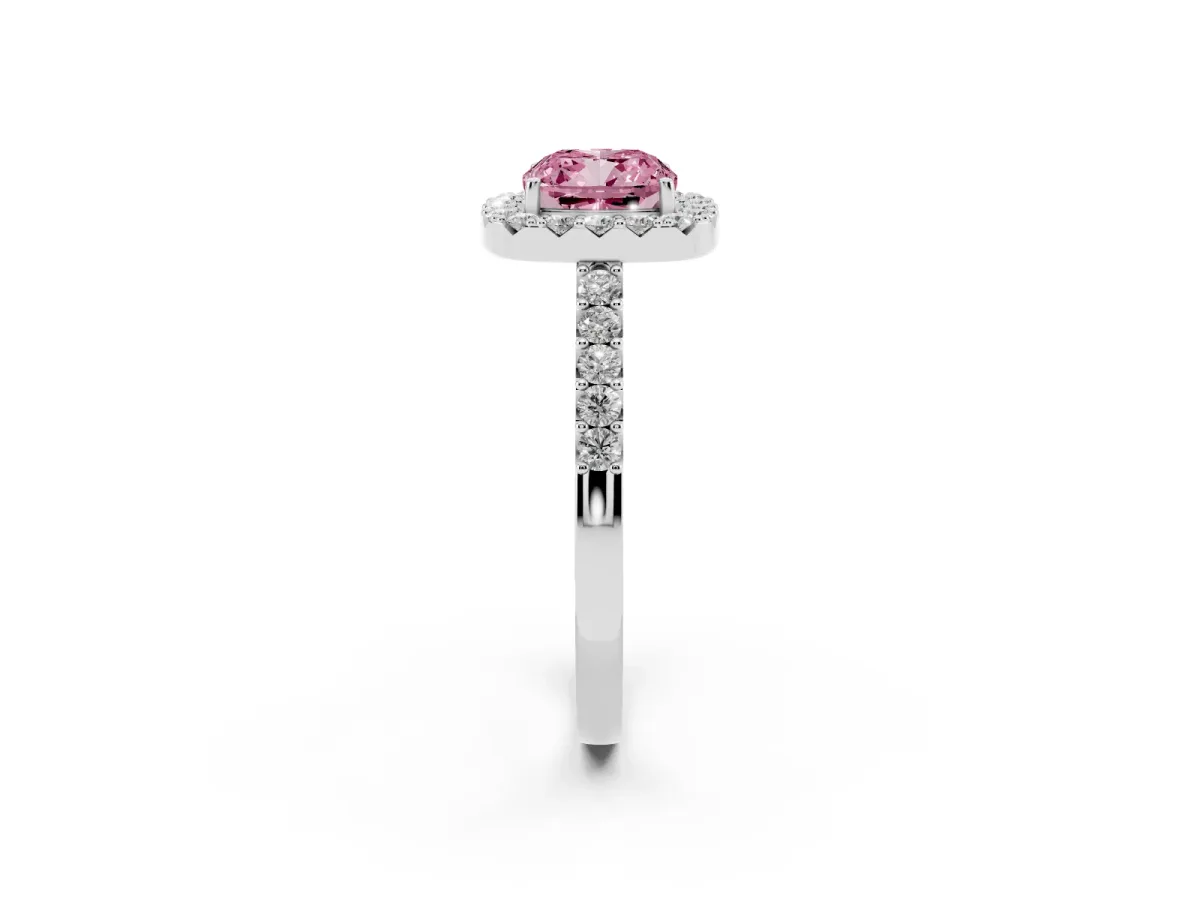 Fancy Pink Cushion Cut Halo Diamond Pavé Solitaire Ring Platinum