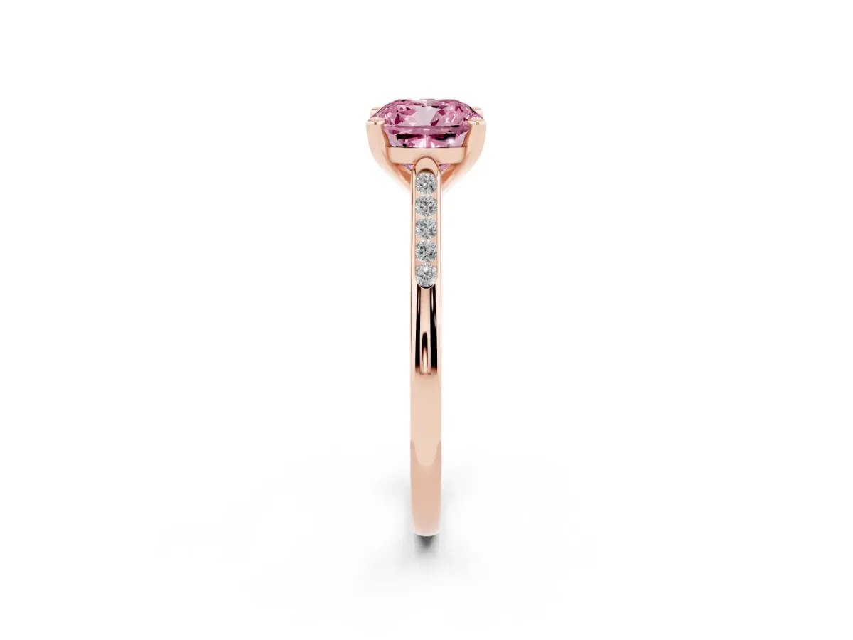 Fancy Pink Cushion Cut Diamond Solitaire Ring with Channel Set Round Band and Prong Setting Rose gold