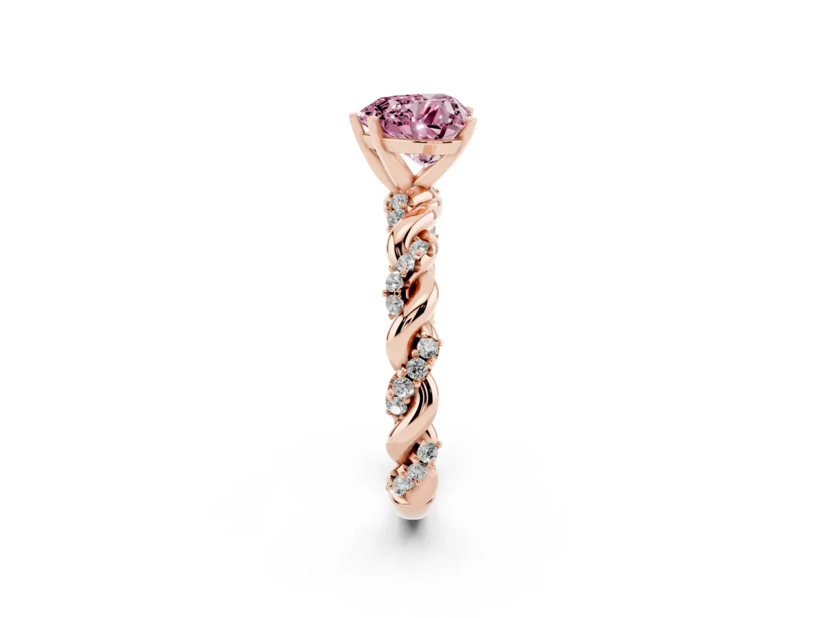 Fancy Pink Heart Cut Diamond Solitaire Ring with Twisted Band and Pavé Accents Rose gold