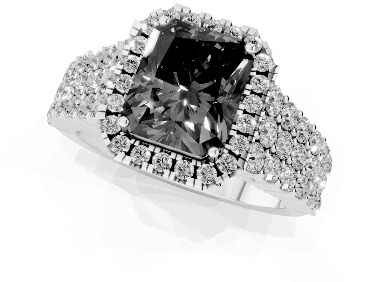 Fancy Black Radiant Cut Diamond Halo Engagement Ring with Triple Row Round Pavé Band and Prong Setting Platinum
