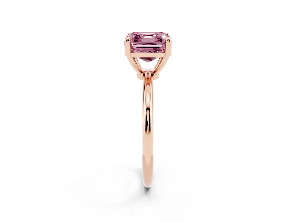 Fancy Pink Asscher Cut Solitaire Diamond Ring with 4-Prong Setting on a Classic Band Rose gold