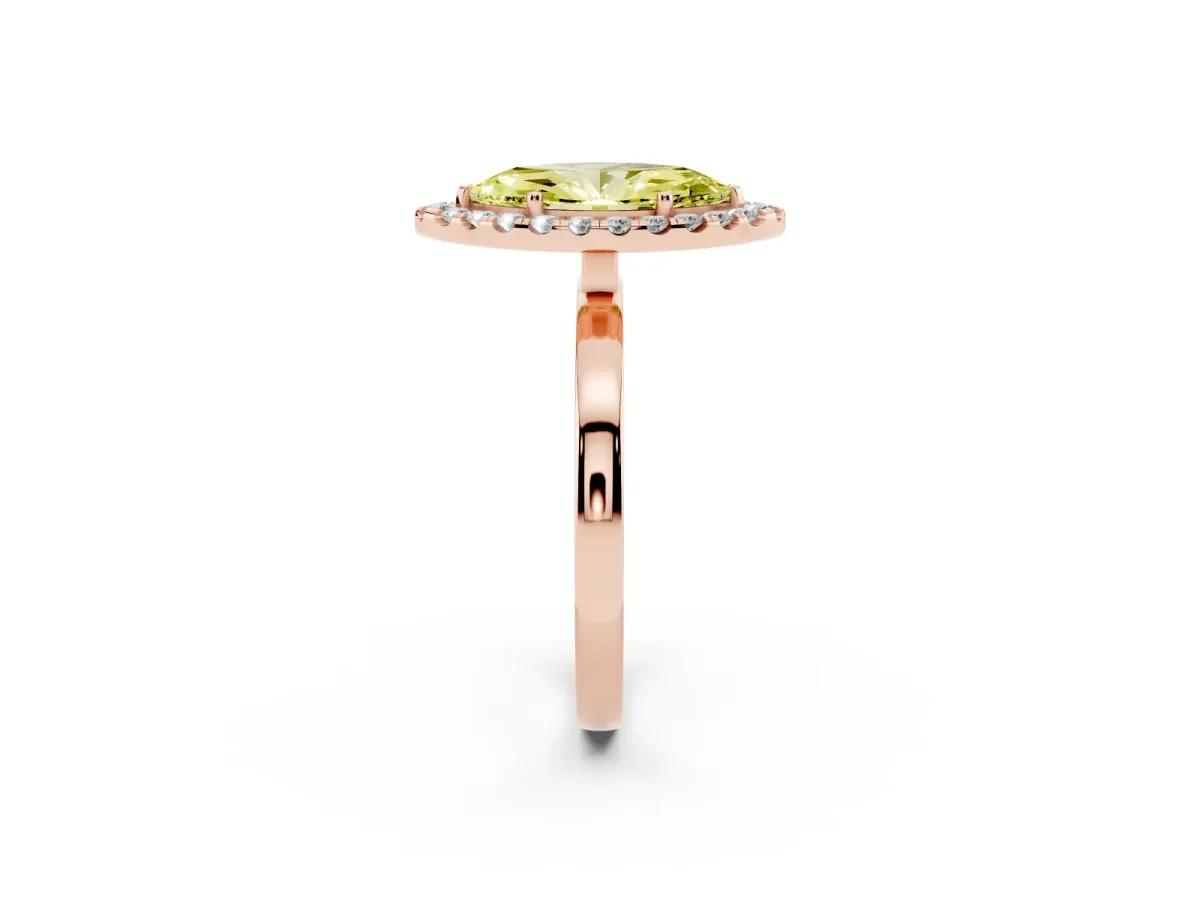 Fancy Yellow Marquise Cut Halo Diamond Solitaire with Pavé Band and Four-Prong Setting Rose gold