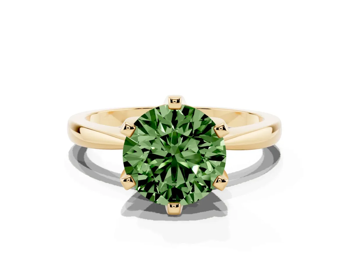 Fancy Green Round Cut Solitaire Engagement Ring with Six-Prong Setting and Tapered Band Yellow gold