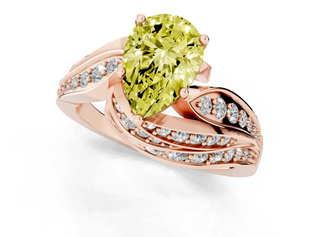 Fancy Yellow Pear Cut Diamond Solitaire Ring with Prong Setting and Twisted Pavé Band Rose gold