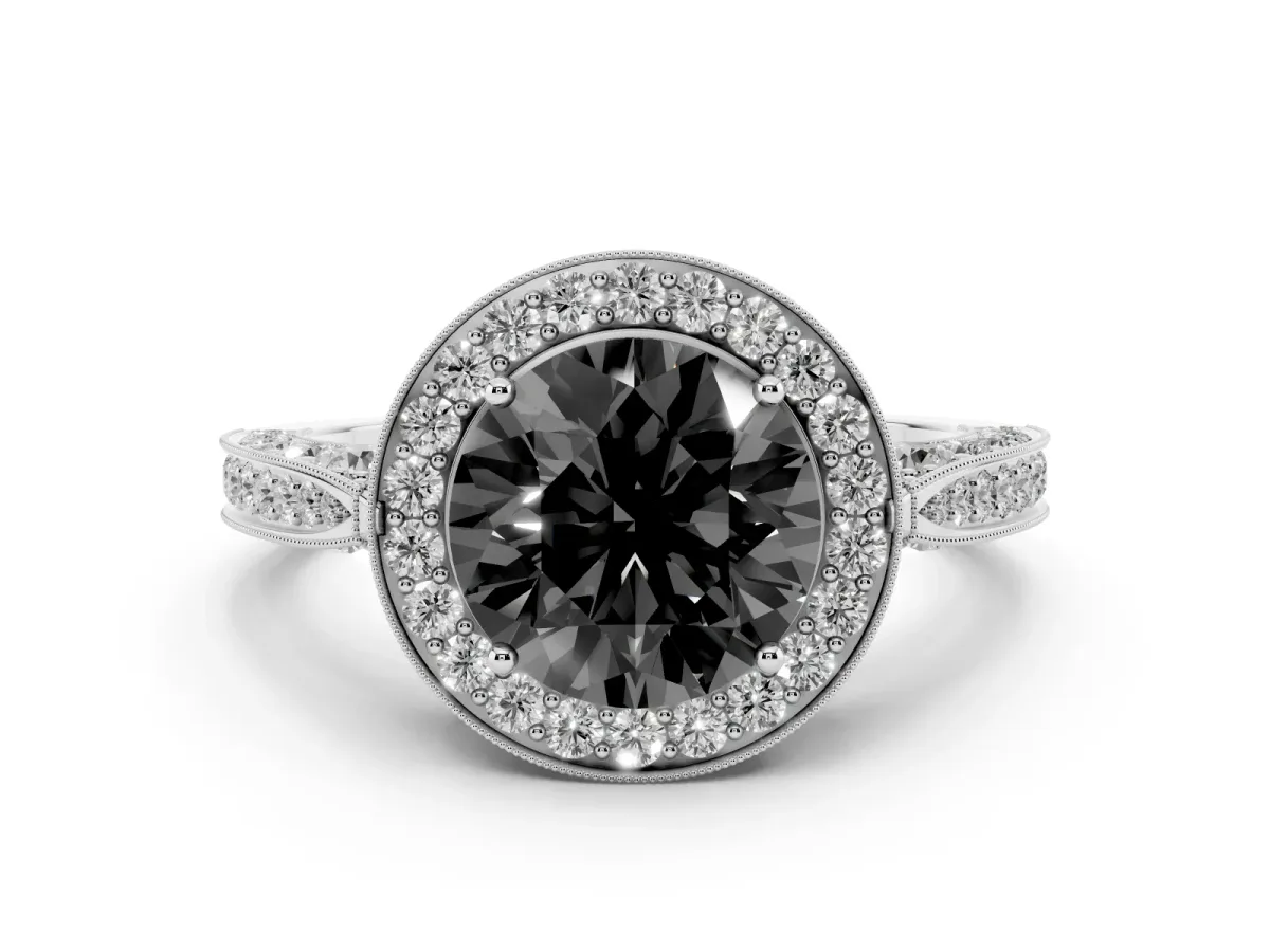 Fancy Black Round Cut Halo Diamond Engagement Ring with Split Shank Band and Four-Prong Setting Platinum