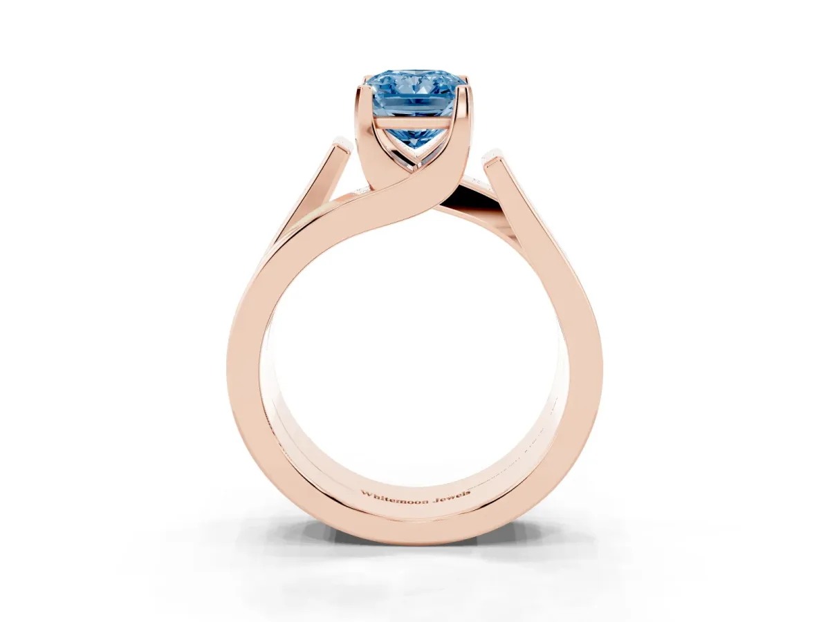 Fancy Blue Modern Tension Set Radiant Cut Diamond Solitaire Wide Band Ring Rose gold