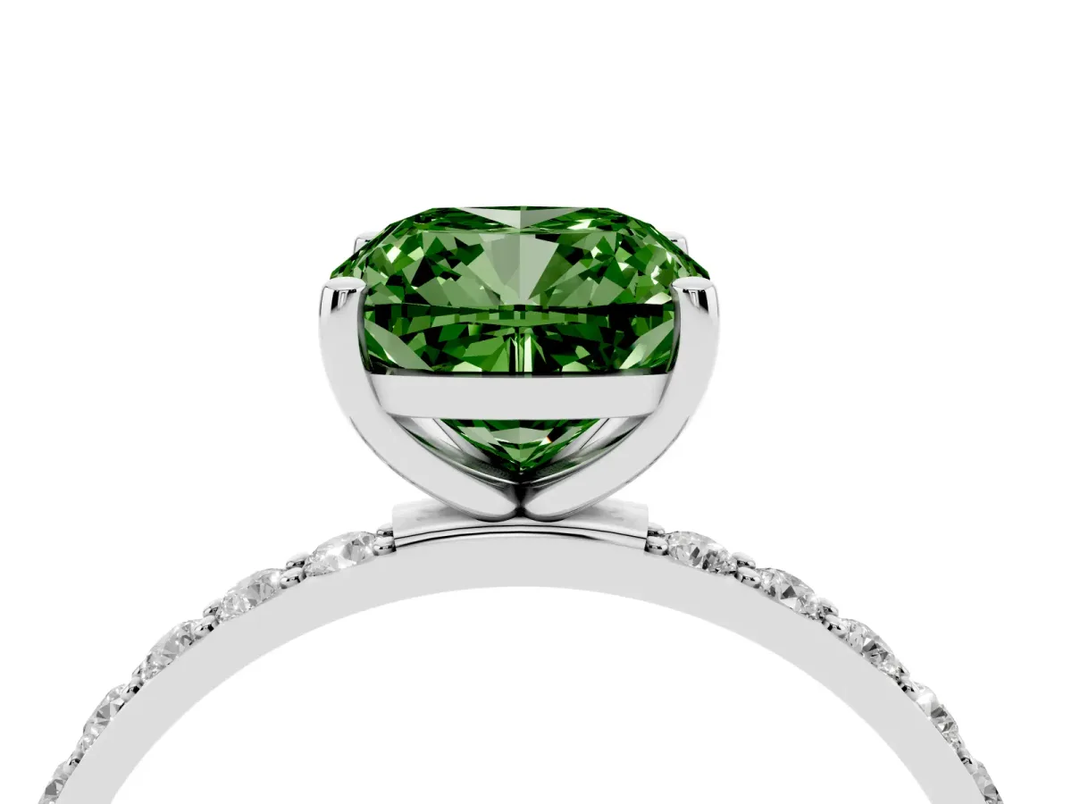 Fancy Green Cushion Cut Diamond Solitaire Ring with Round Pavé Shoulders and Prong Setting Silver