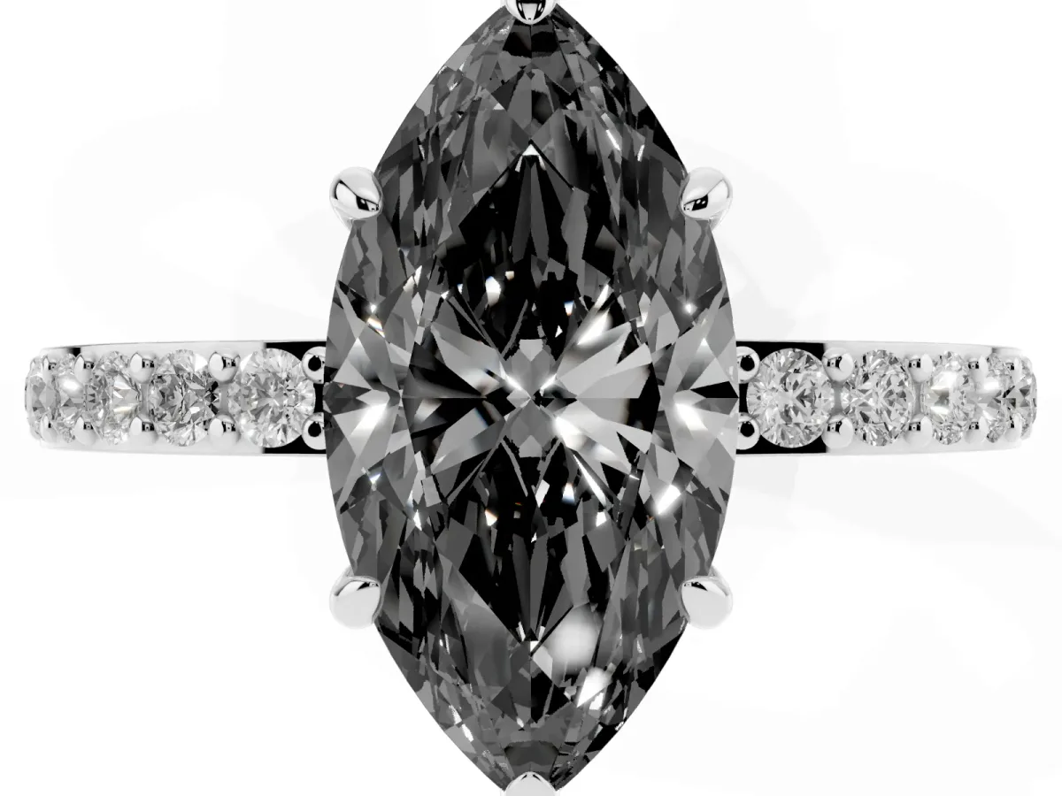 Fancy Black Marquise Cut Diamond Pavé Engagement Ring with Round Accents and Prong Setting Silver