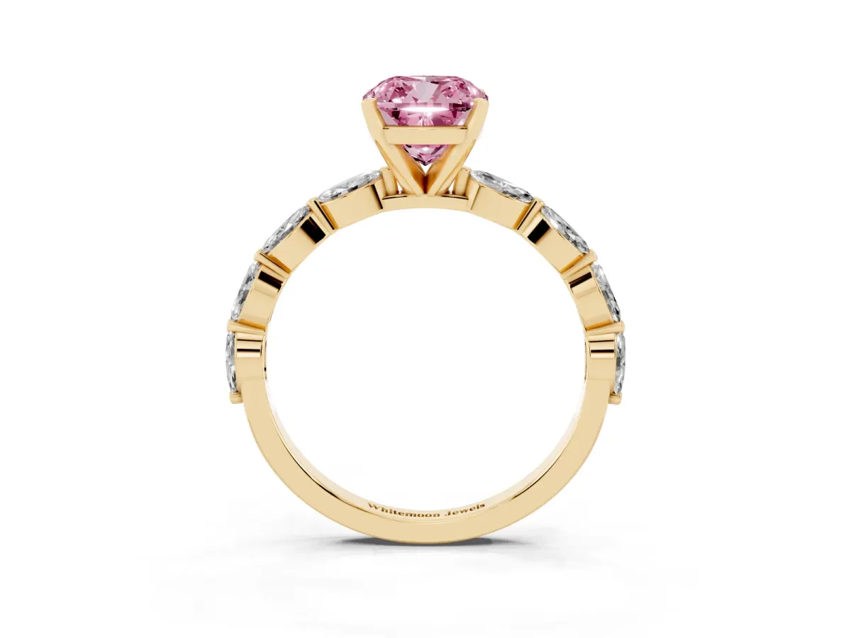 Fancy Pink Cushion Cut Diamond Ring with Marquise Side Stones and Prong Setting Yellow gold