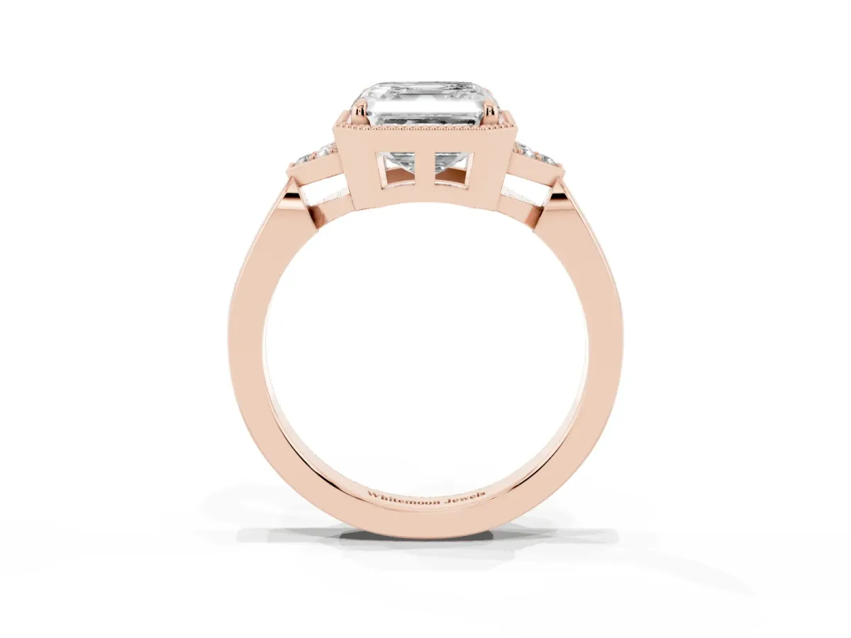 Asscher Cut Diamond Halo Ring with Tapered Band and Four-Prong Setting Rose gold