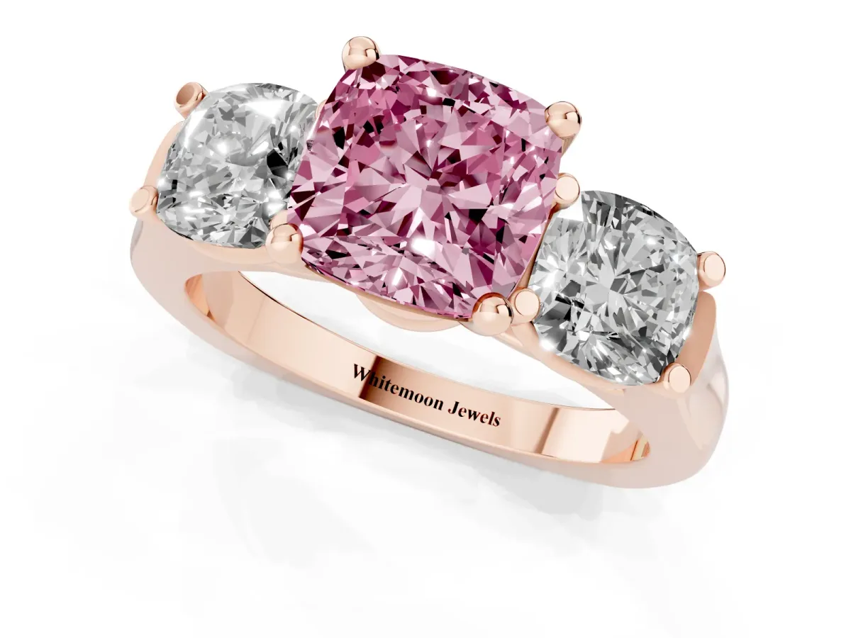 Fancy Pink Three-Stone Cushion Cut Brilliant Diamond Trellis Ring with Comfort Fit Band Rose gold