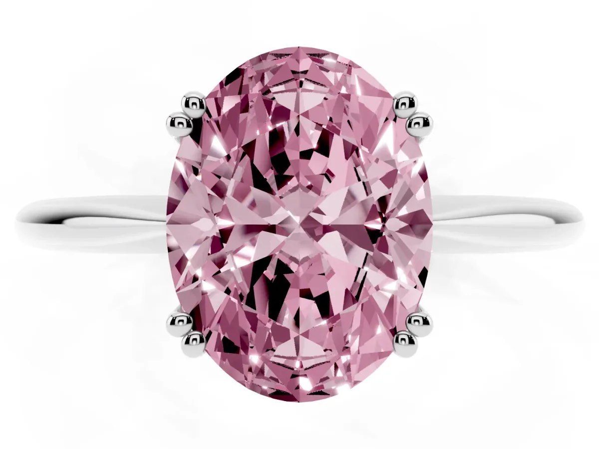 Fancy Pink Oval Cut Solitaire Diamond Ring with Six-Prong Setting and Classic Band Silver