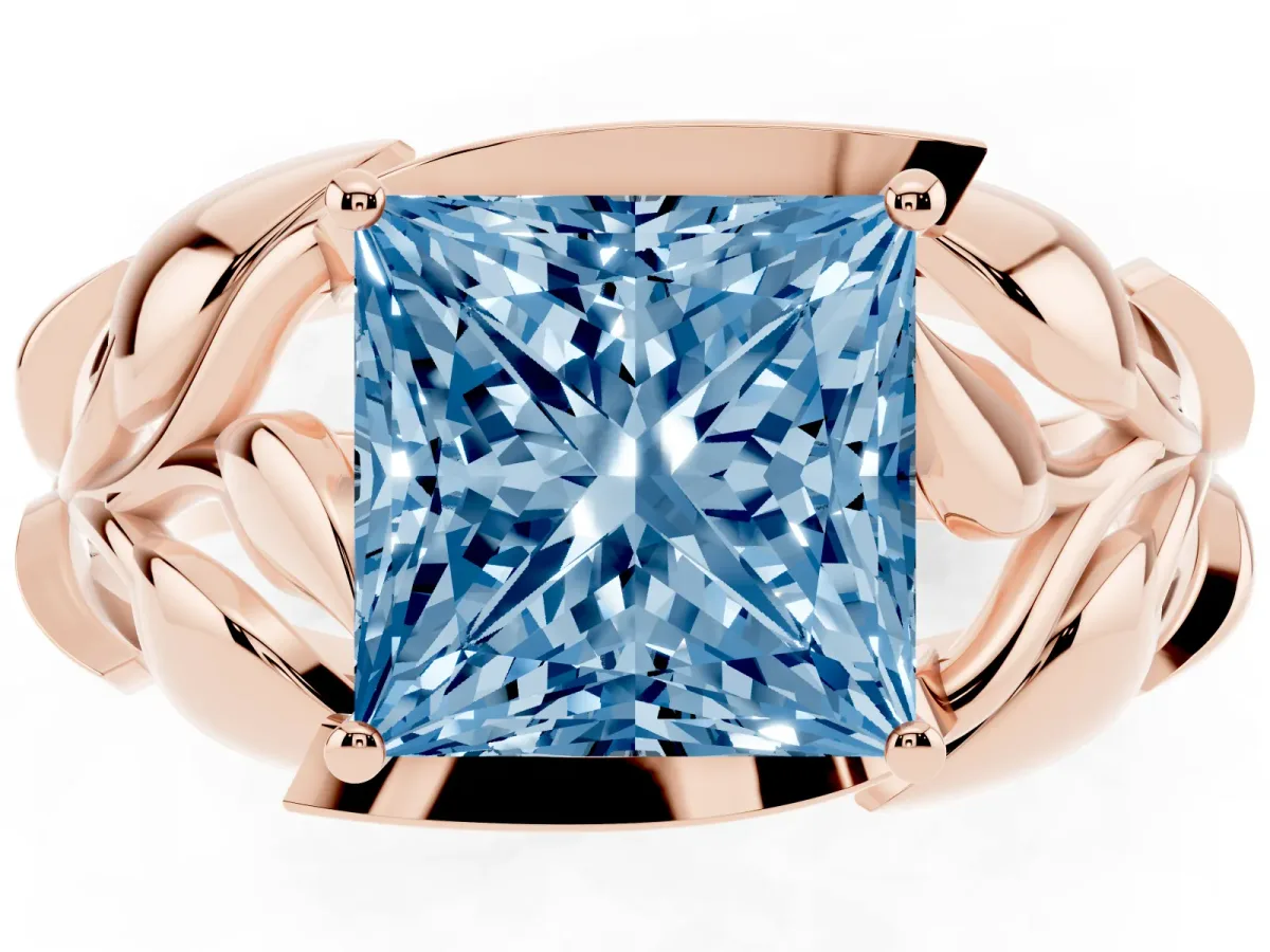 Fancy Blue Princess Cut Diamond Leaf-Inspired Engagement Ring with Round Accents and Prong Setting Rose gold