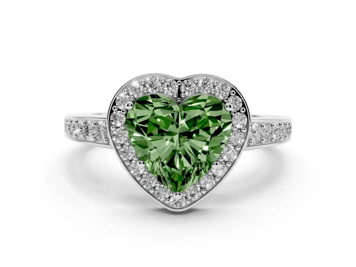 Fancy Green Heart Cut Halo Pavé Diamond Engagement Ring with Bezel Setting Silver