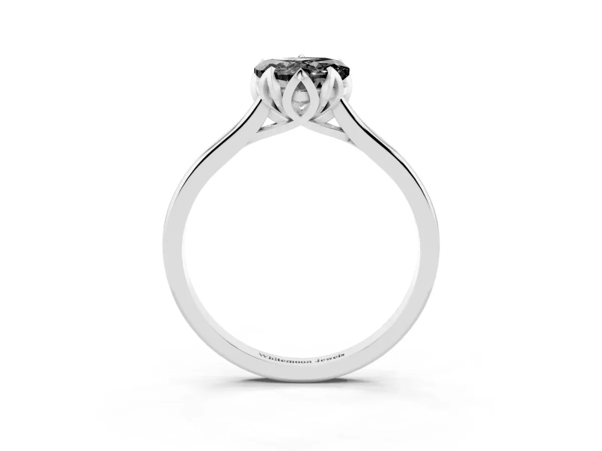 Fancy Black Heart Cut Diamond Solitaire Ring with Flower Prong Setting and Classic Band Silver