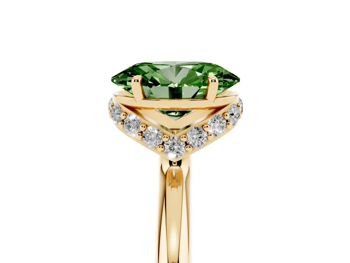 Fancy Green Oval Cut Brilliant Solitaire Engagement Ring with Six-Prong Setting and Classic Band Yellow gold