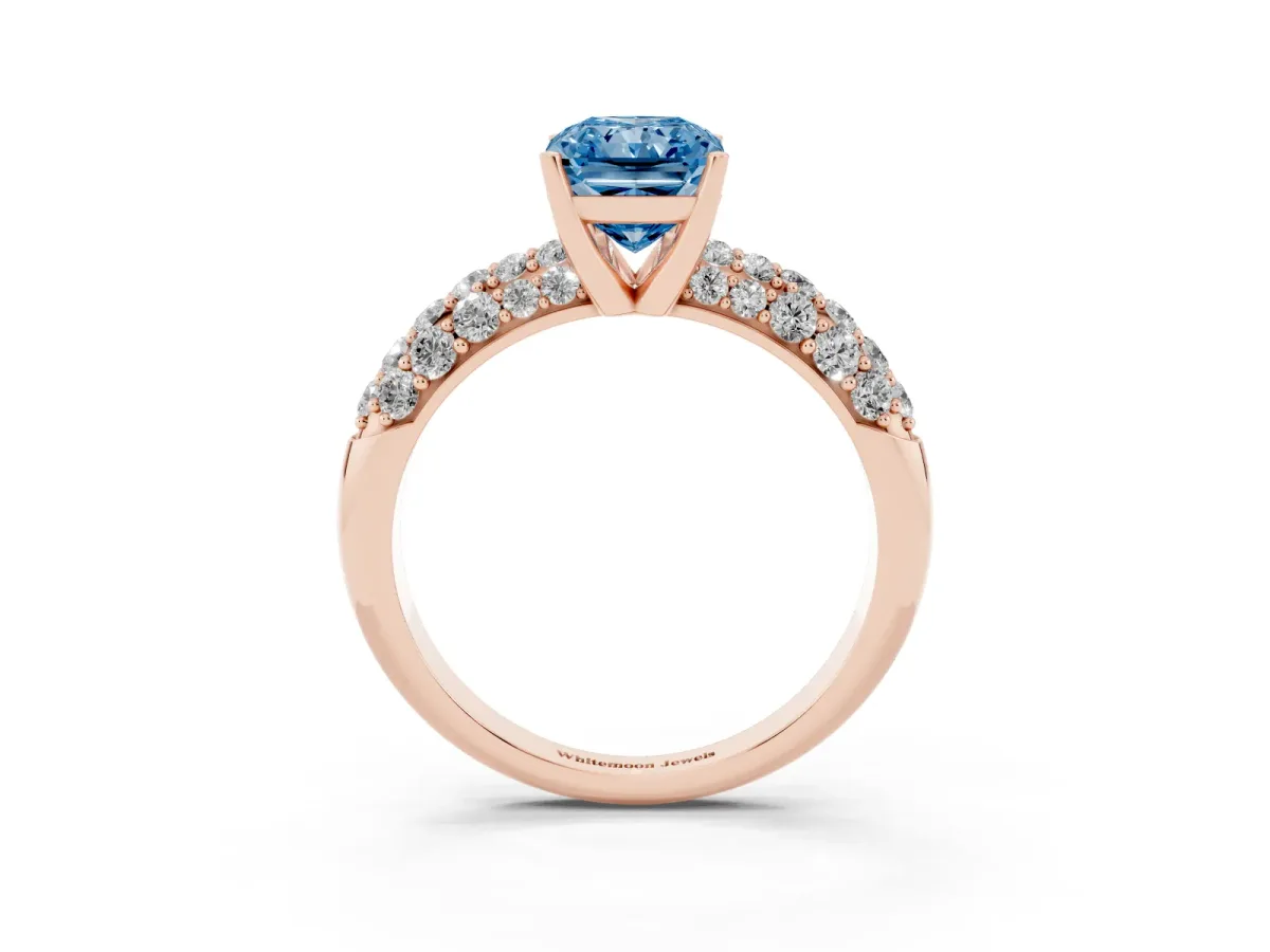 Fancy Blue Radiant Cut Diamond Pavé Band Solitaire Ring with Four-Prong Setting Rose gold