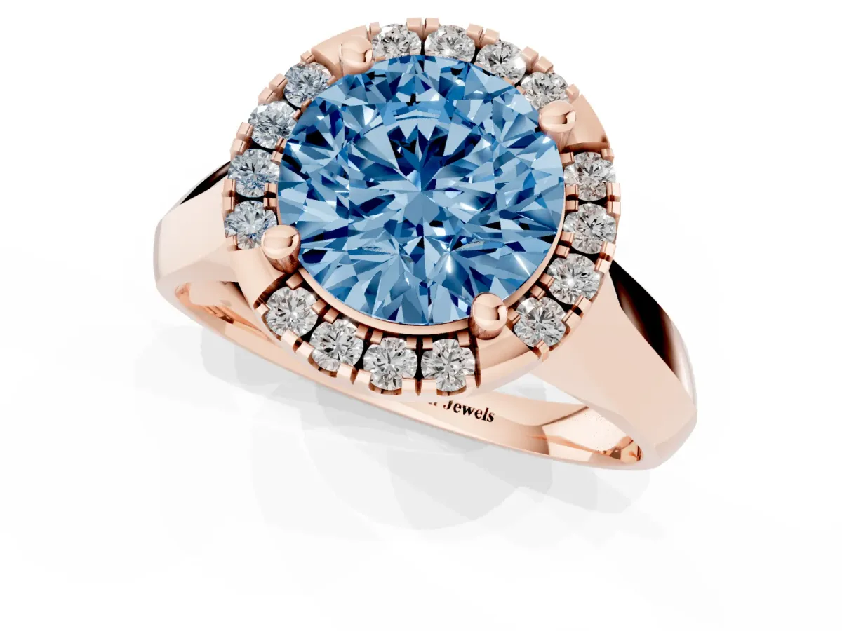 Fancy Blue Round Cut Cut Halo Solitaire Engagement Ring with Square Band and Four-Prong Setting Rose gold