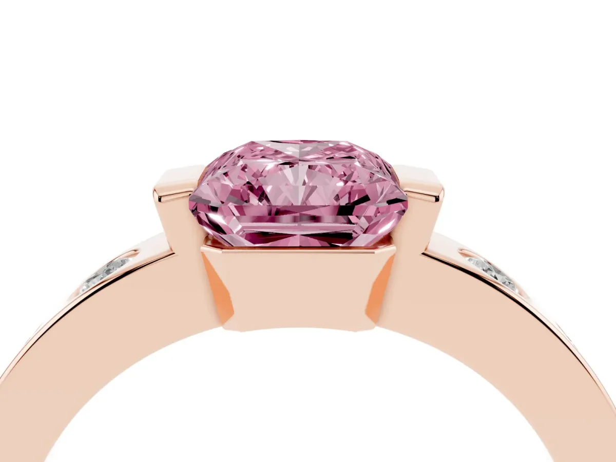 Fancy Pink Radiant Cut Brilliant Channel-Set Diamond Ring with Bezel Prong Setting Rose gold