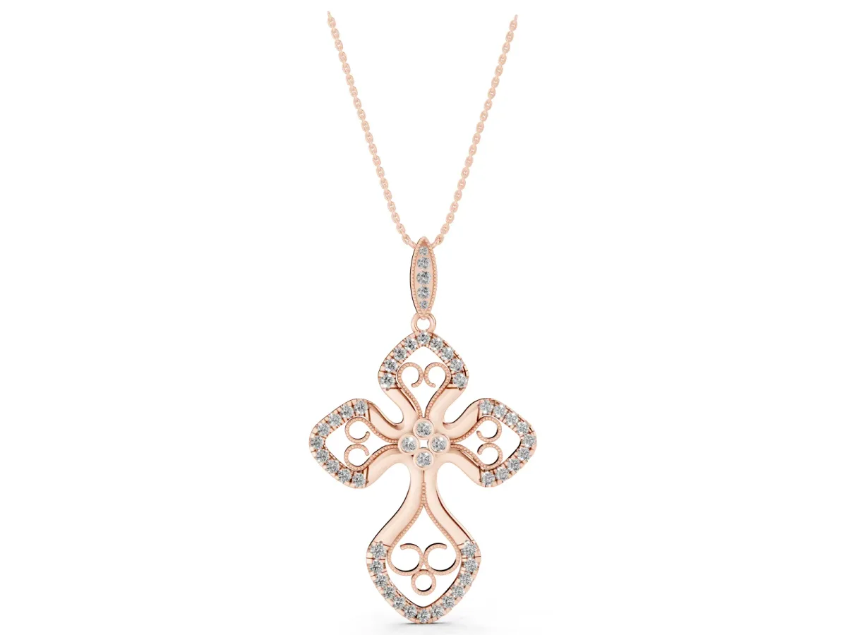 Diamond Pavé Round Milgrain Cross Pendant Rose gold