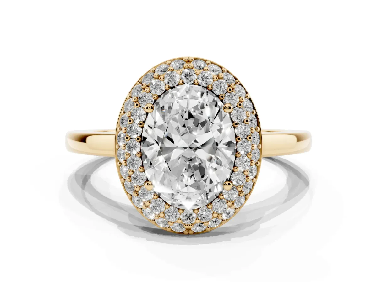 Oval Cut Halo Diamond Engagement Ring with Solitaire Band and Four-Prong Setting Yellow gold