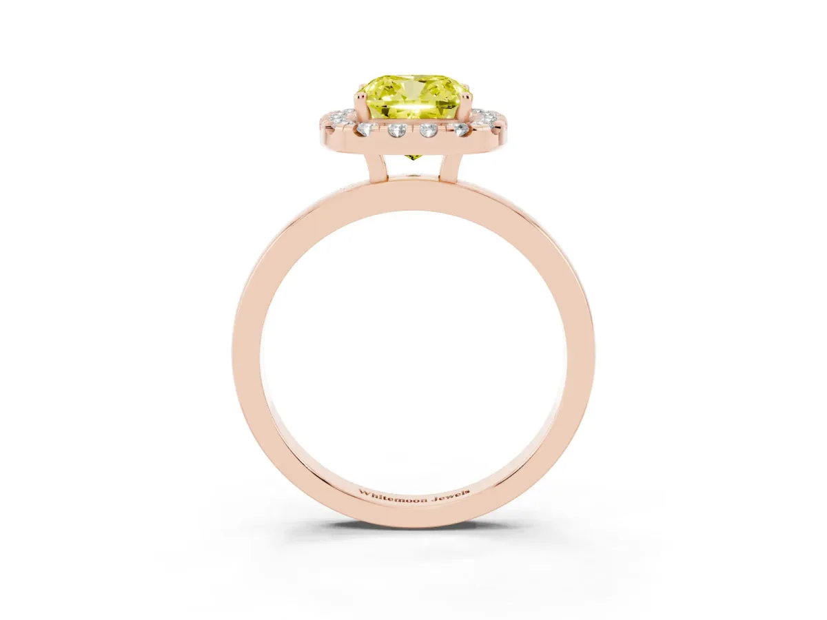 Fancy Yellow Cushion Cut Halo Diamond Solitaire with Pavé Band and Four-Prong Setting Rose gold