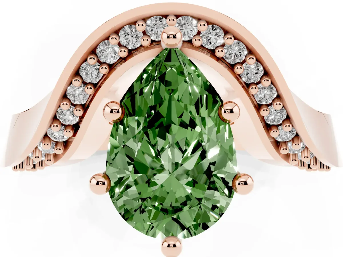 Fancy Green Pear Cut Solitaire Diamond Engagement Ring with Pave Band and Four-Prong Setting Rose gold