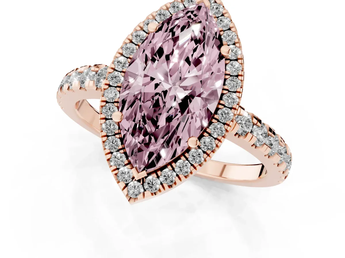 Fancy Pink Marquise Cut Diamond Halo Ring with Pavé Band and Four-Prong Setting Rose gold