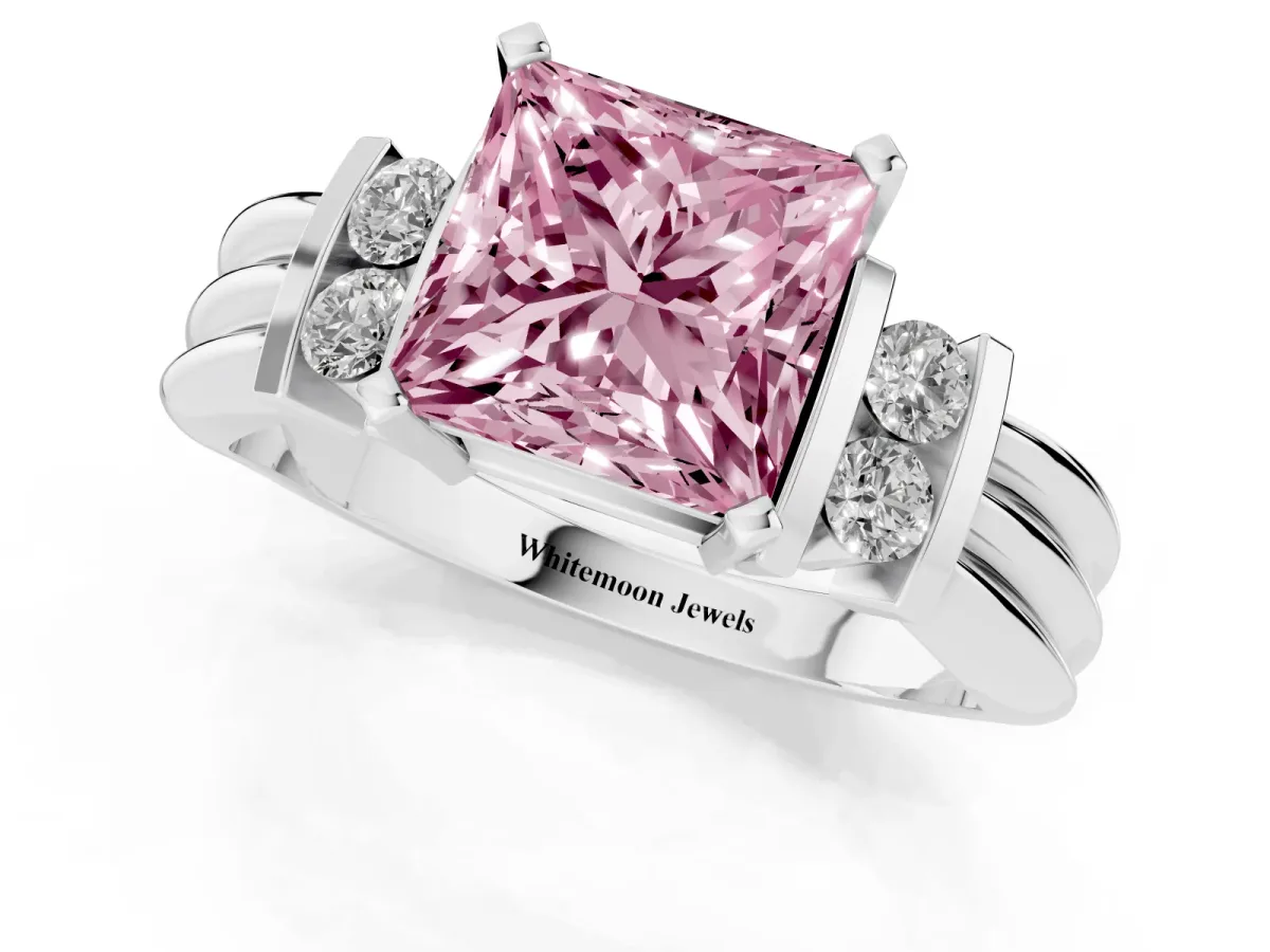 Fancy Pink Princess Cut Cut Three-Stone Channel Set Ring with Bar Prongs Silver