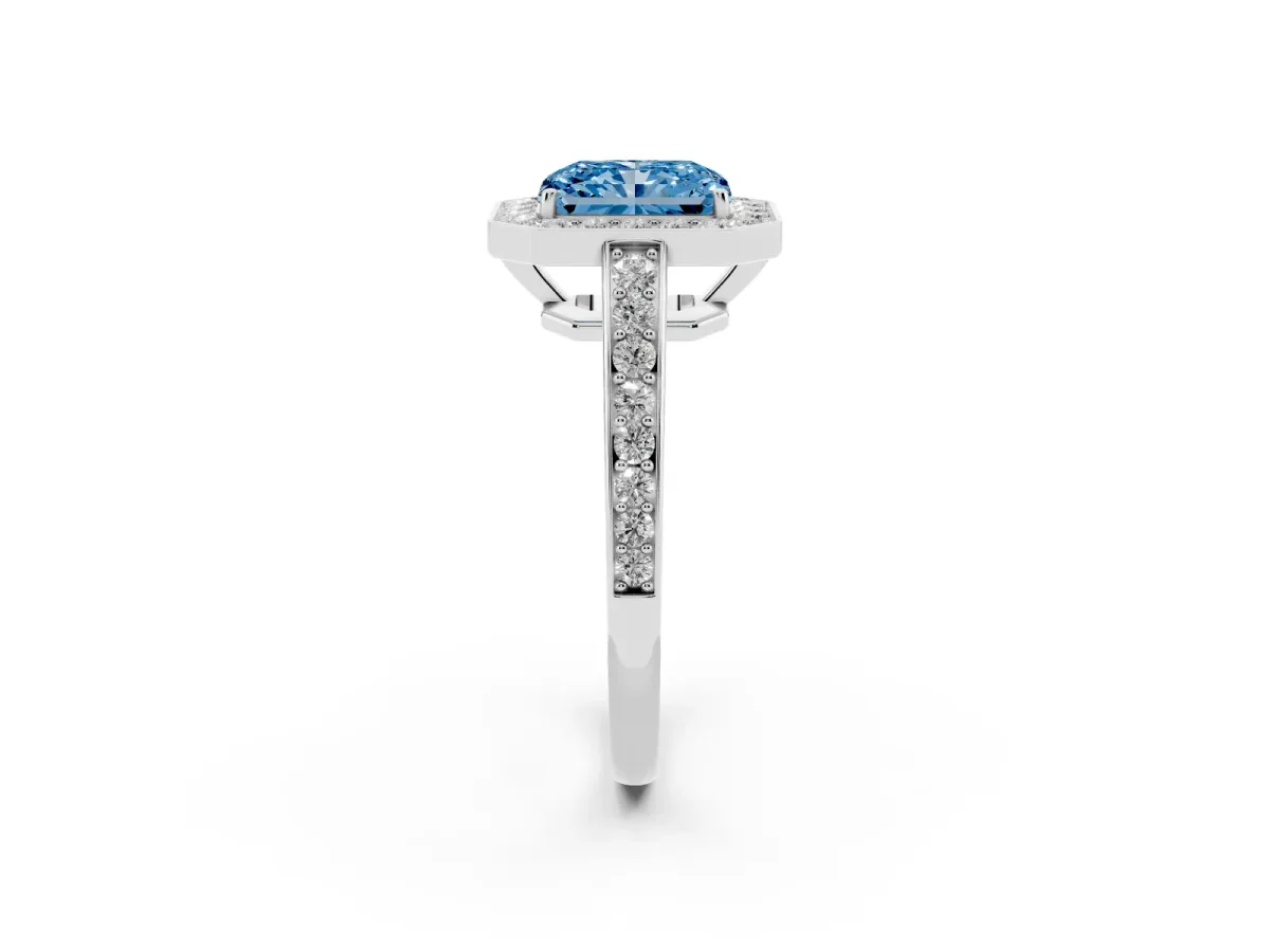 Fancy Blue Radiant Cut Halo Pavé Diamond Engagement Ring with Bezel Setting Platinum