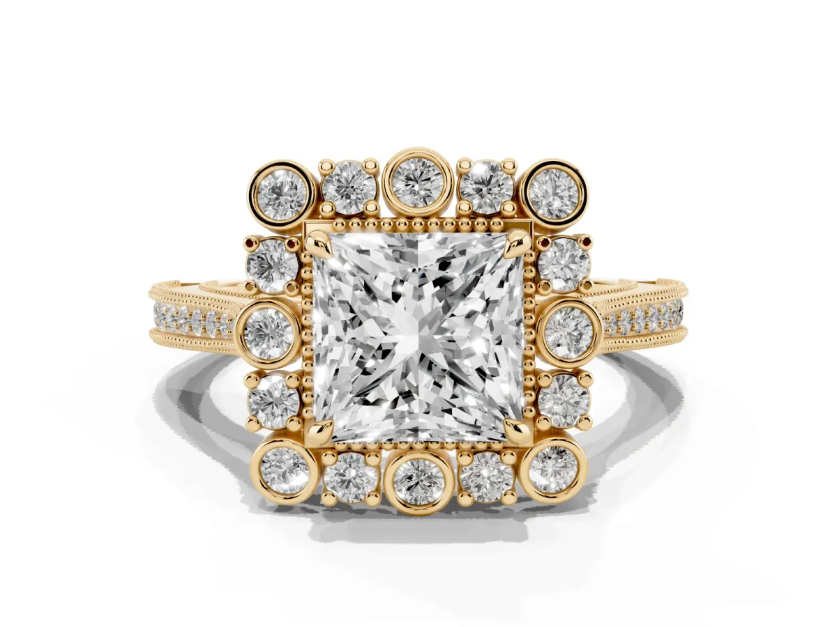Princess Cut Halo Milgrain Pave Diamond Ring with Four-Prong Setting Yellow gold