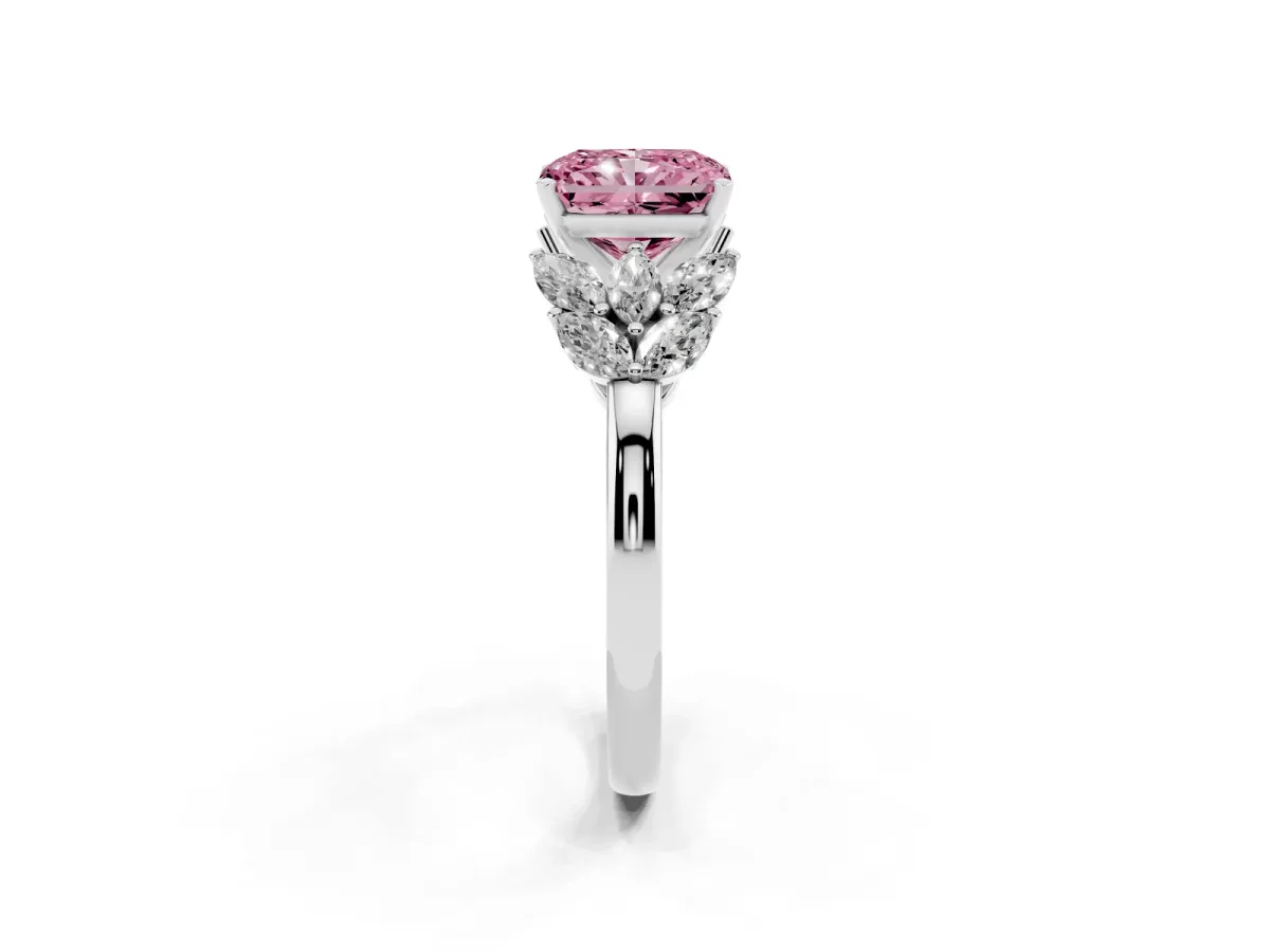Fancy Pink Radiant Cut Diamond Cluster Leaf Design Ring with Prong Setting White gold