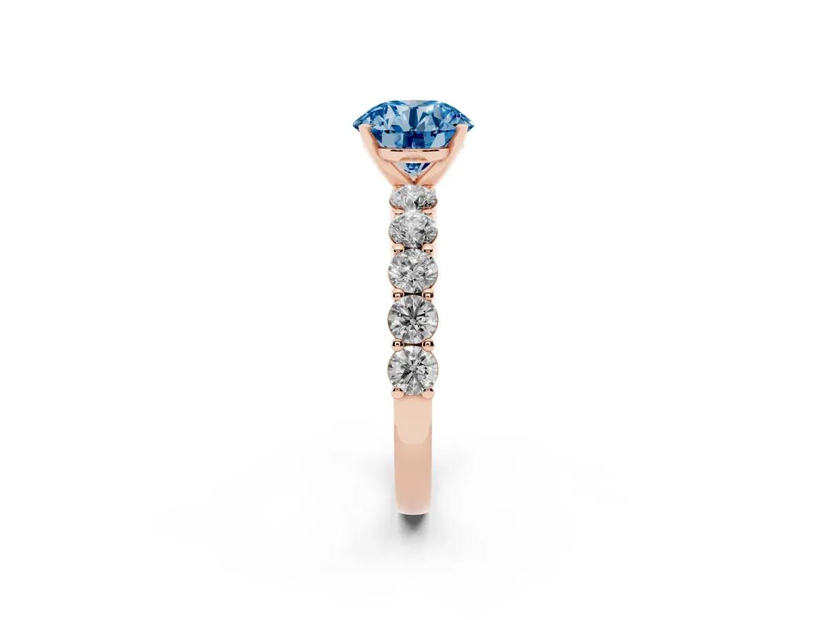 Fancy Blue Round Cut Diamond Solitaire Ring with Shared Prong Round Side Stones Rose gold