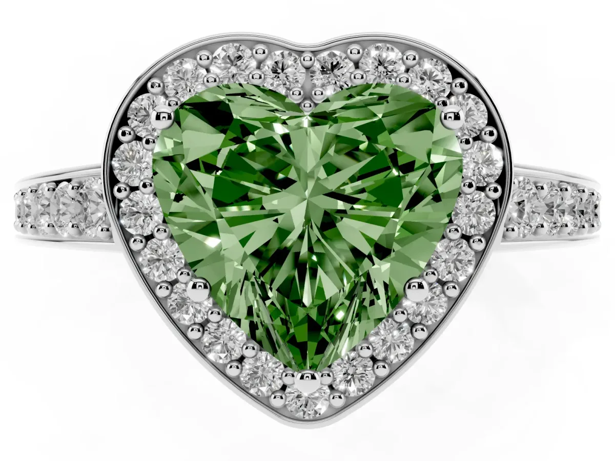 Fancy Green Heart Cut Halo Pavé Diamond Engagement Ring with Bezel Setting Silver