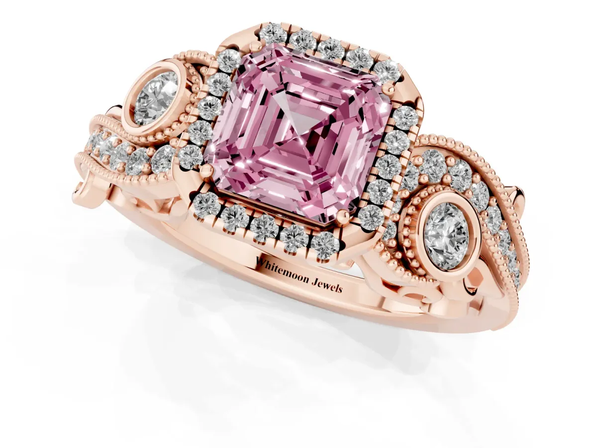 Fancy Pink Asscher Cut Diamond Halo Ring with Milgrain Pavé Band and Four-Prong Setting Rose gold