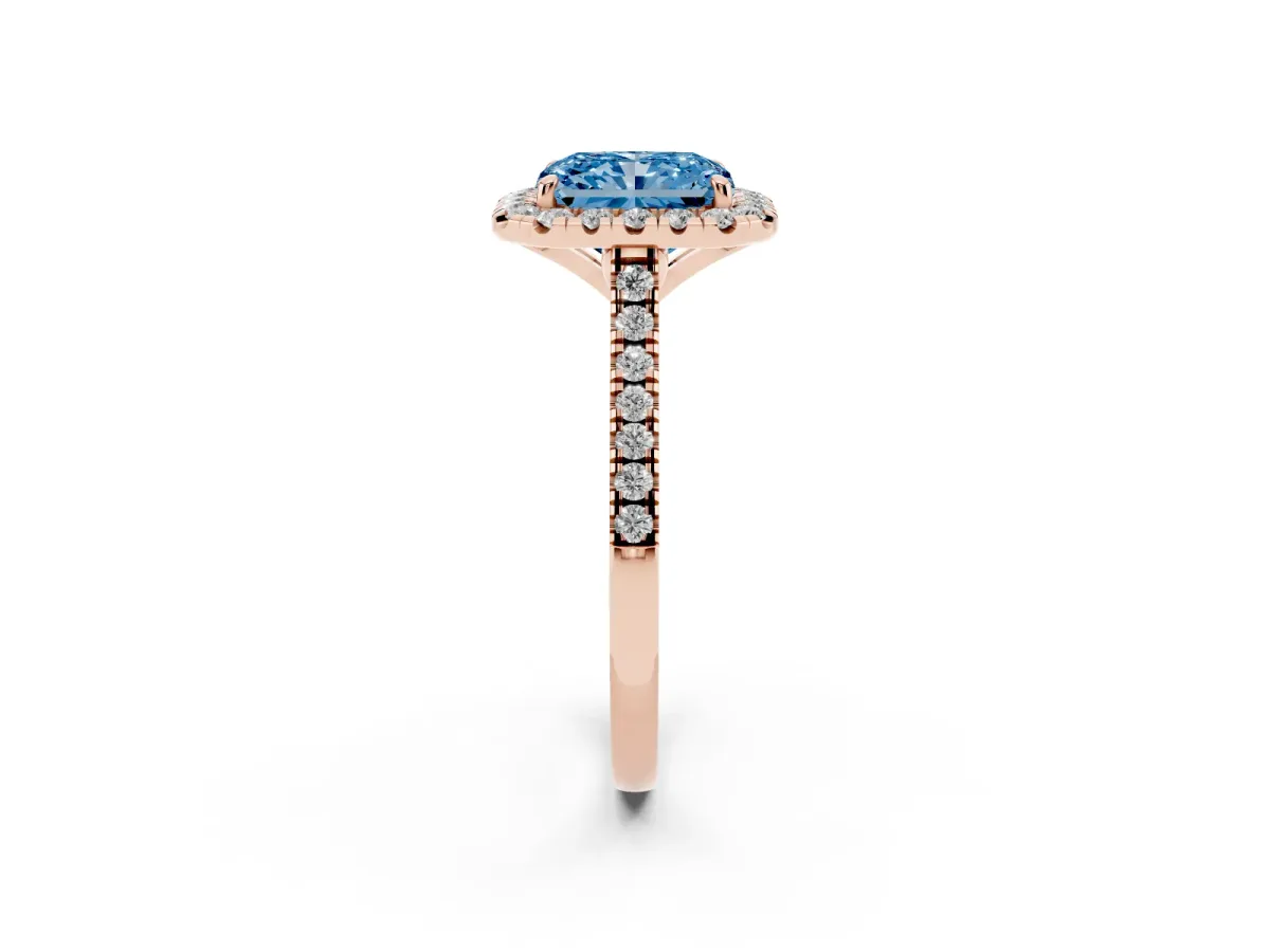 Fancy Blue Radiant Cut Diamond Cushion Halo Ring with Pavé Band Rose gold