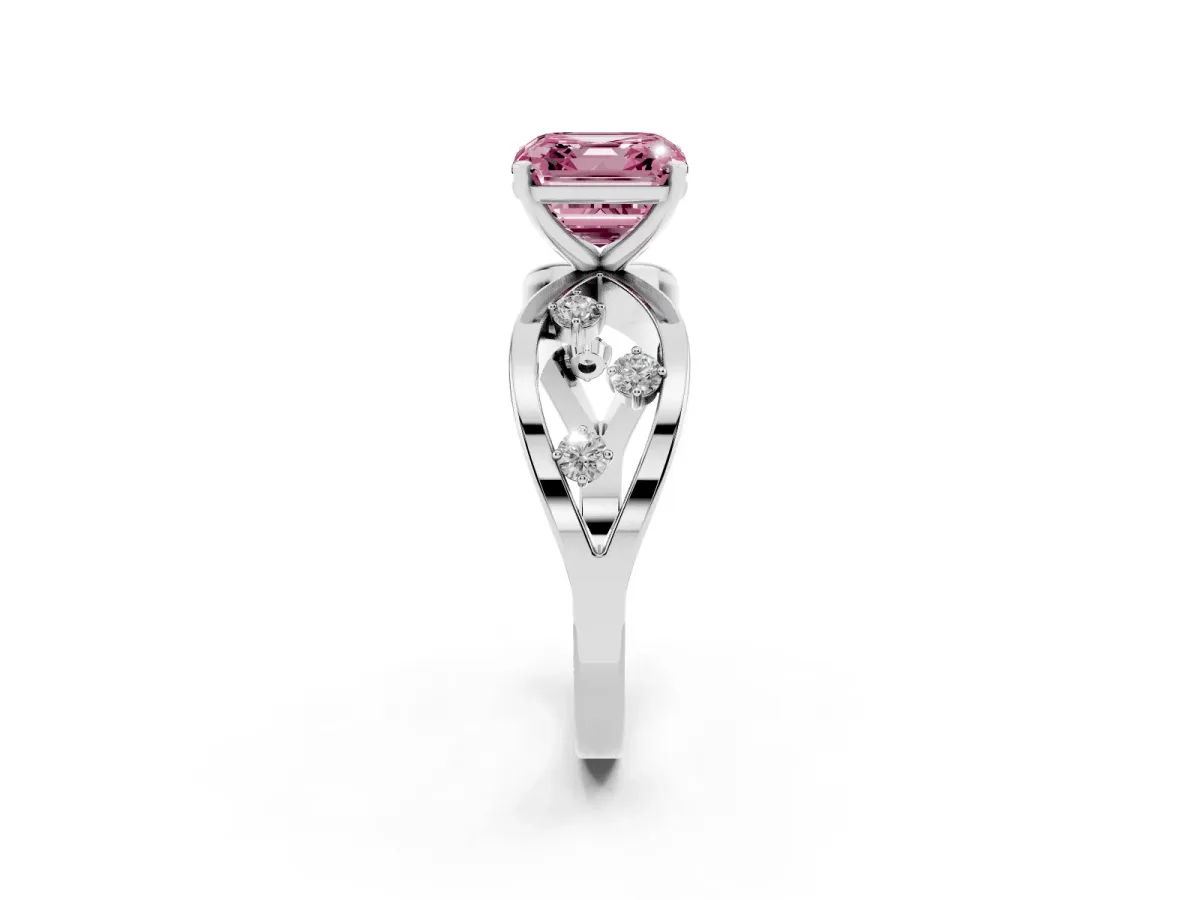 Fancy Pink Asscher Cut Cut Solitaire Diamond with Side Stones on Criss-Cross Band and Four-Prong Setting Platinum