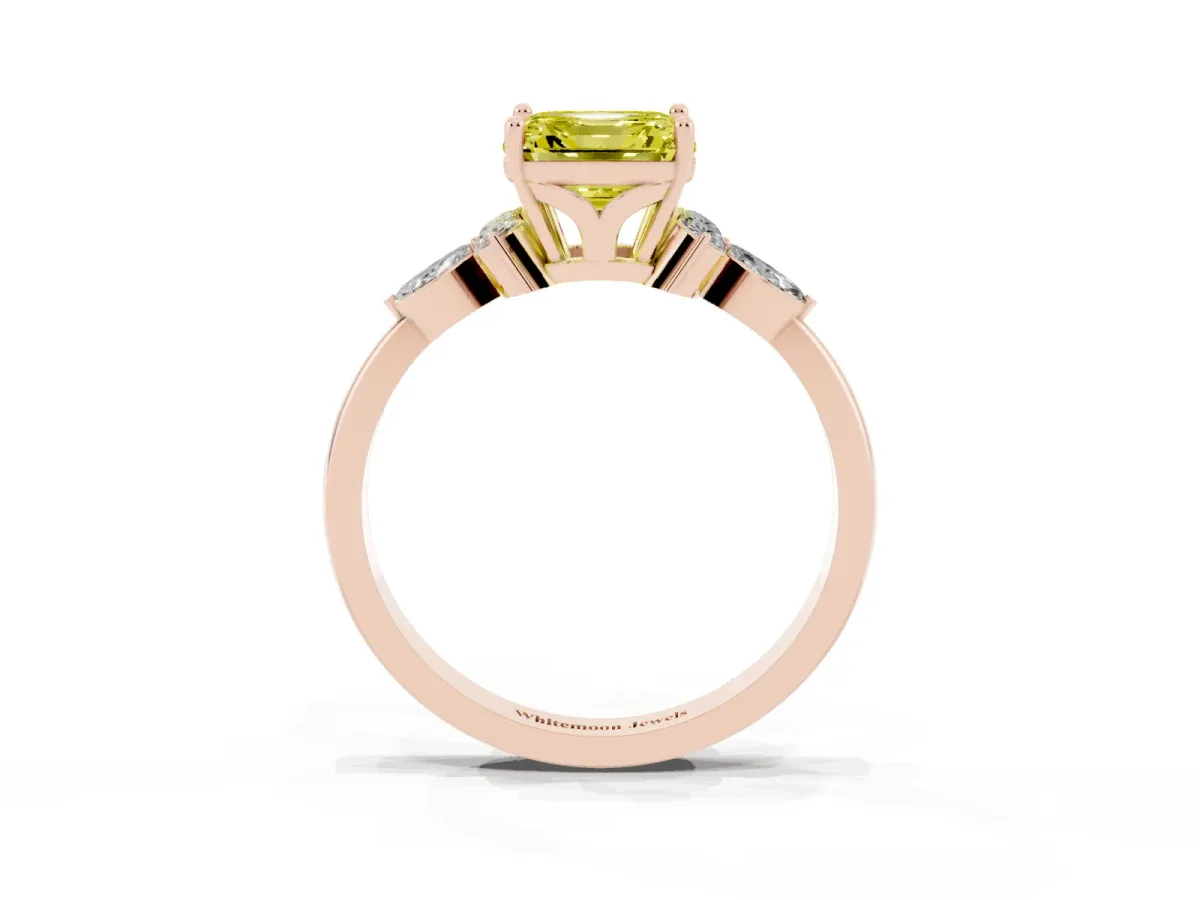 Fancy Yellow Asscher Cut Brilliant Diamond Solitaire Ring with Pear Side Stones and Four-Prong Setting Rose gold