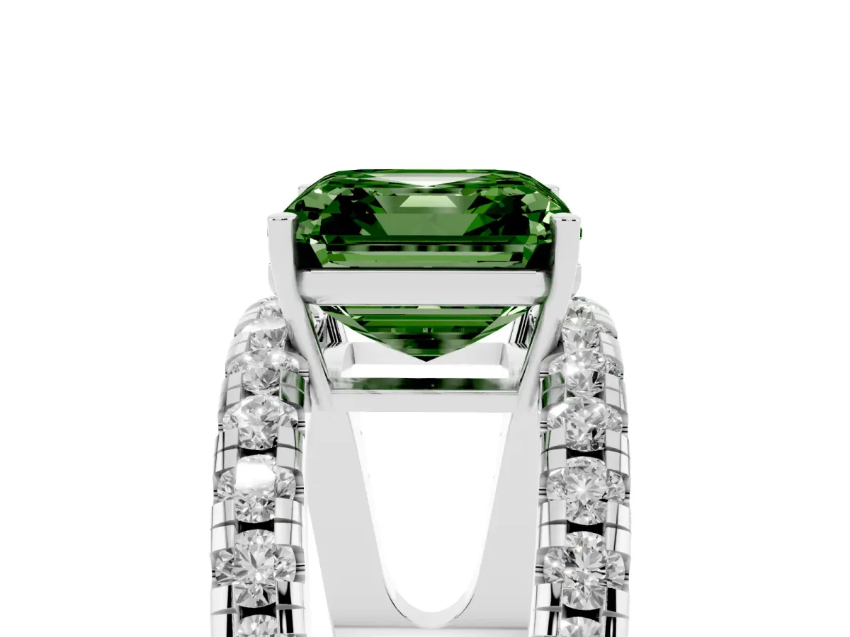 Fancy Green Asscher Cut Solitaire Split Shank Pave Diamond Ring Platinum