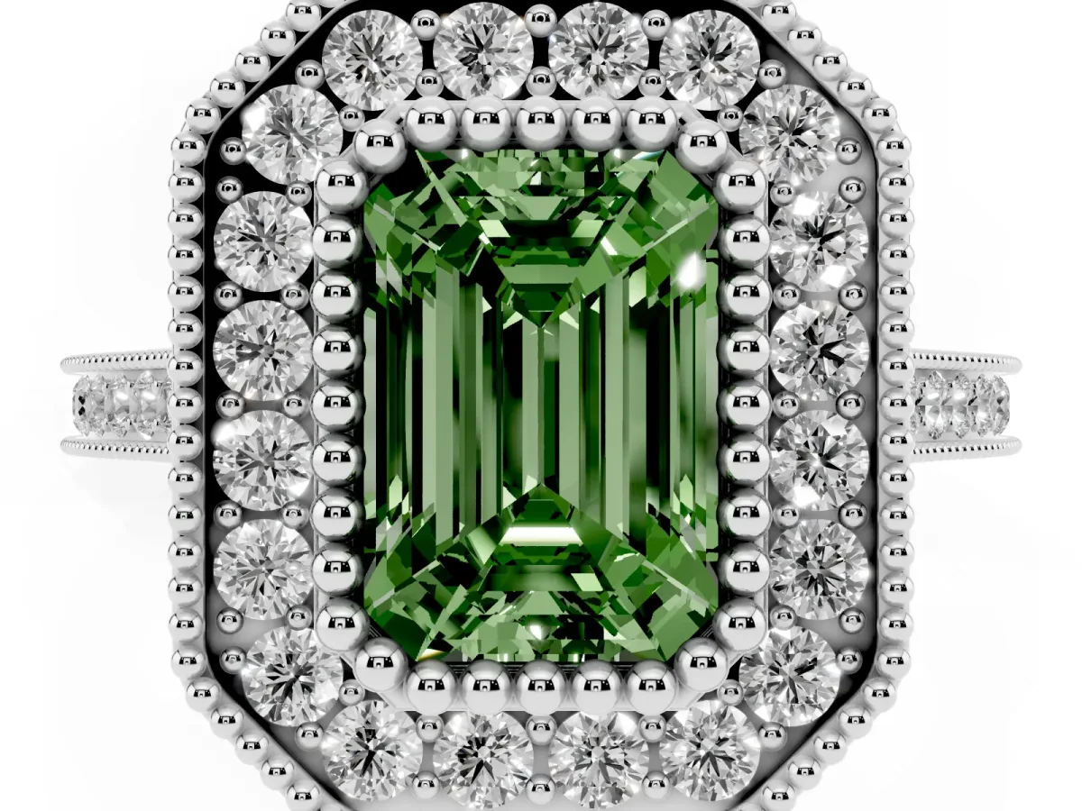 Fancy Green Emerald Cut Diamond Halo Ring with Milgrain Frame and Pavé Band Silver