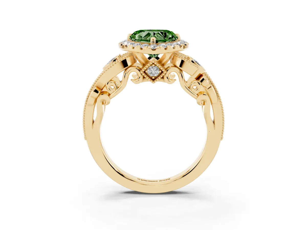 Fancy Green Heart Cut Halo Diamond Ring with Milgrain and Bezel Accents on a Split Shank Band Yellow gold