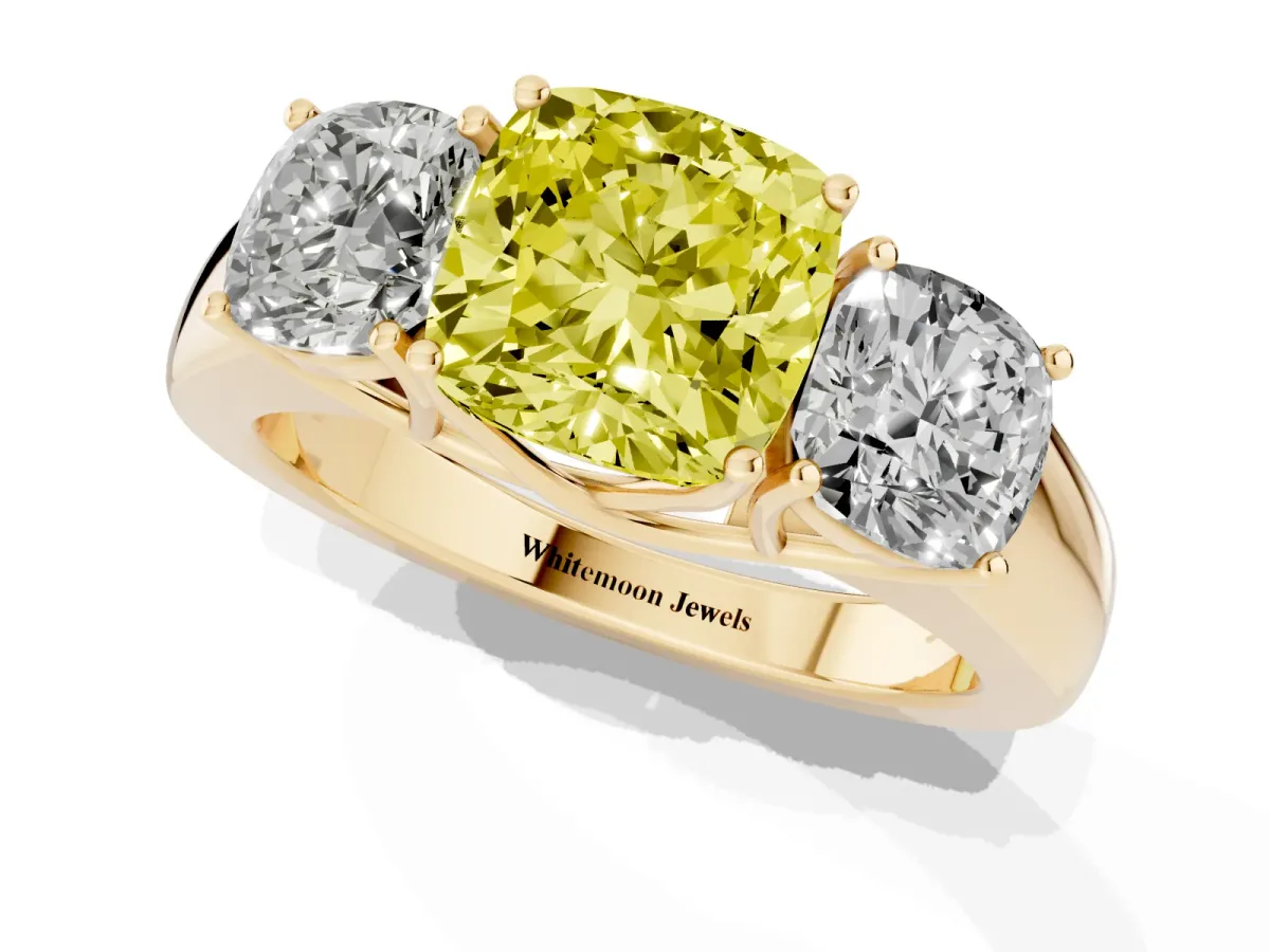 Fancy Yellow Three-Stone Cushion Cut Cut Diamond Ring with Prong Setting and Classic Band Yellow gold