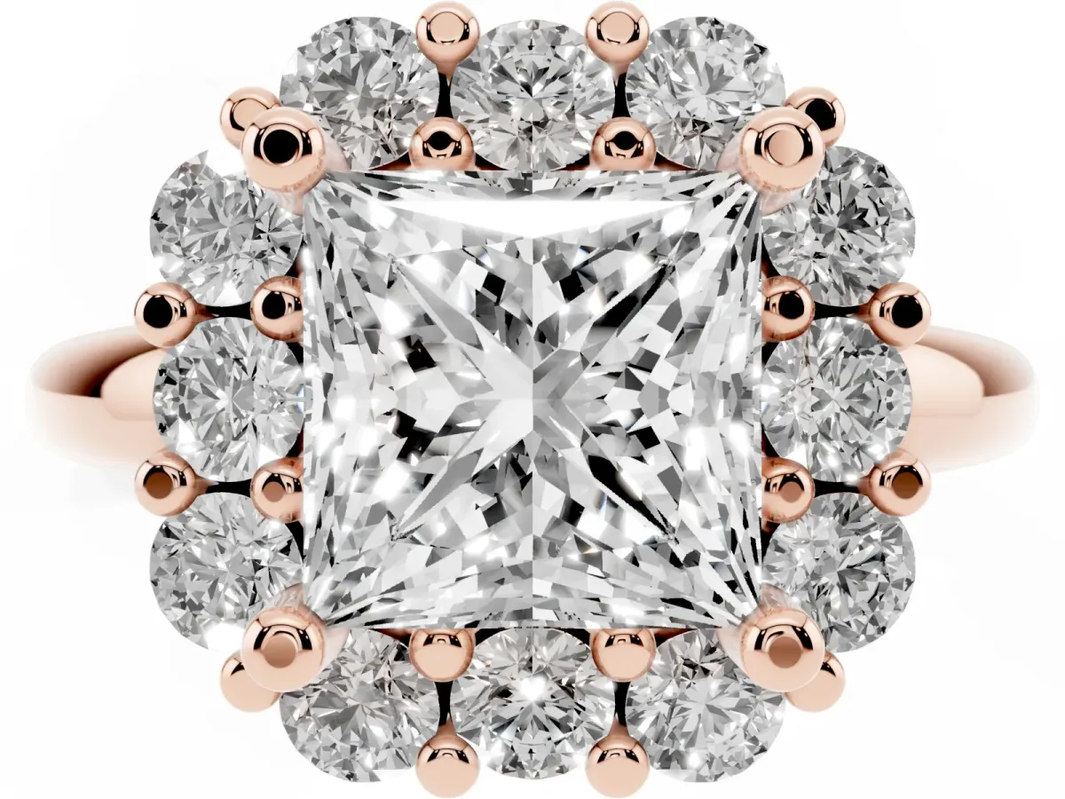 Princess Cut Halo Cluster Diamond Engagement Ring with Prong Setting and Polished Band Rose gold