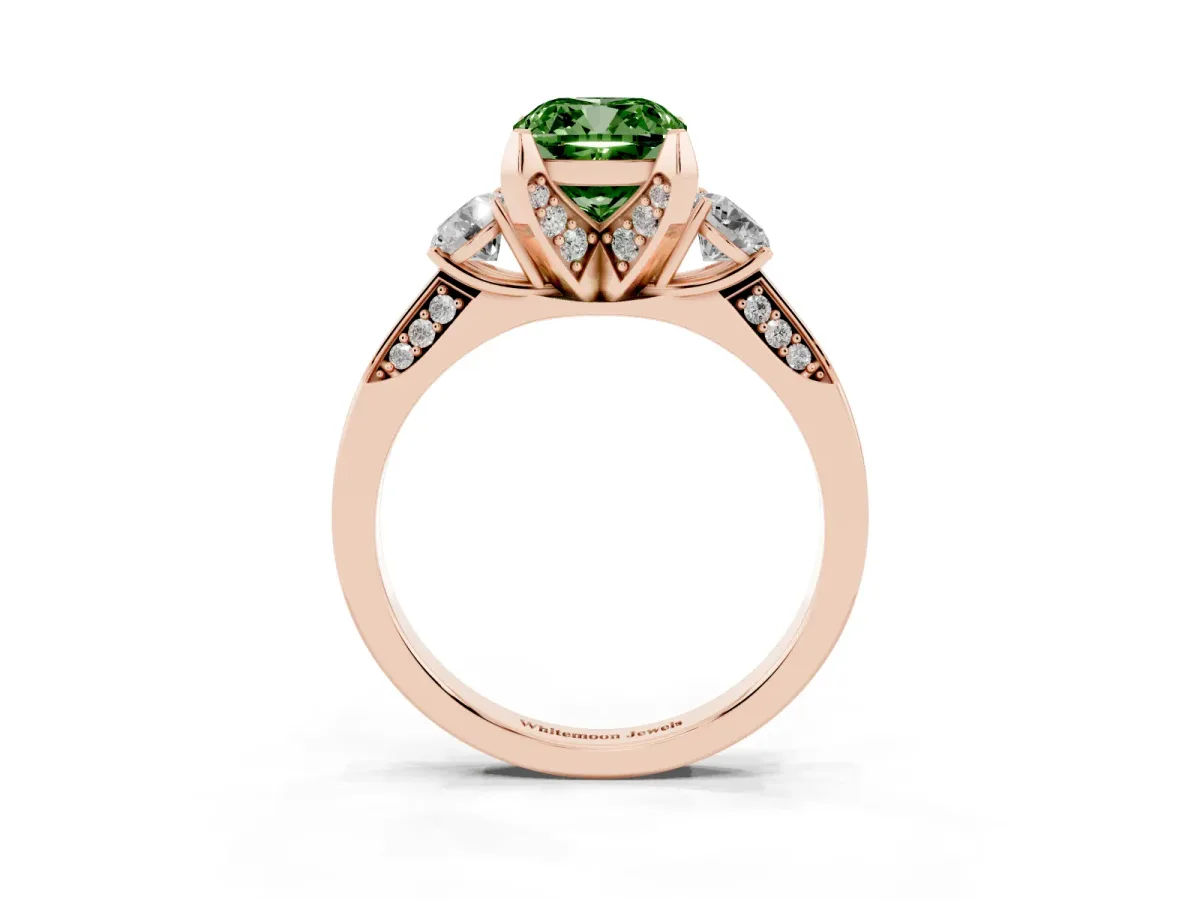Fancy Green Cushion Cut Brilliant Three-Stone Diamond Ring with Pavé Band and Four-Prong Setting Rose gold