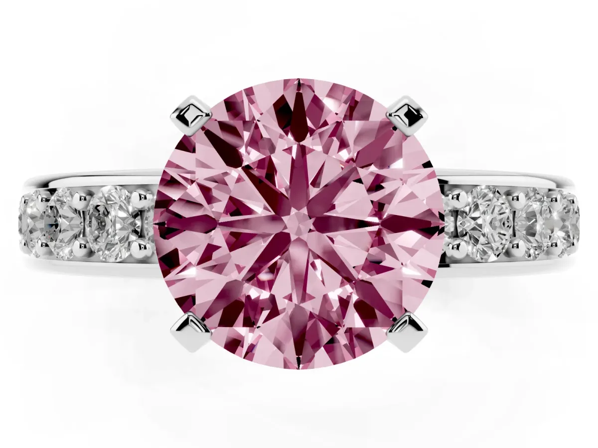 Fancy Pink Round Cut Diamond Engagement Ring with Channel Set Round Band and Prong Setting Silver