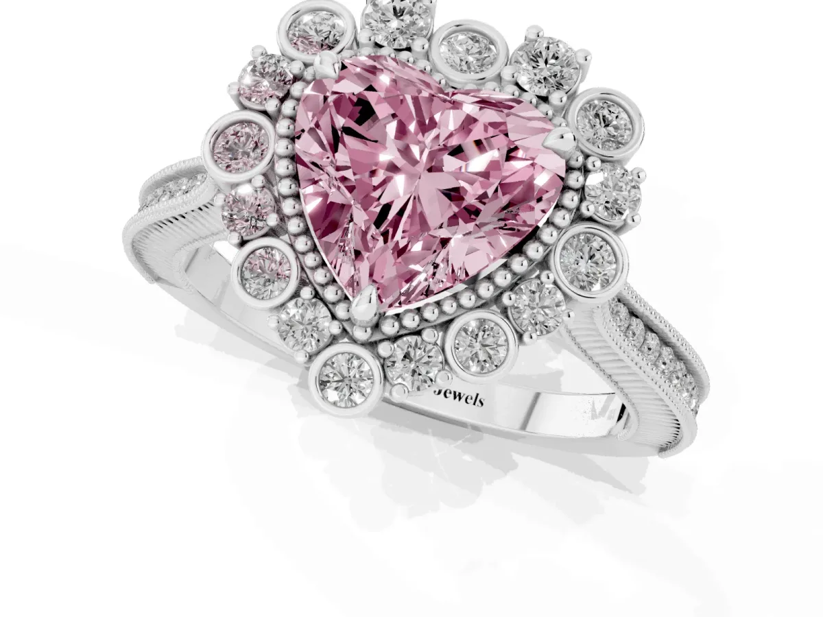 Fancy Pink Heart Cut Halo Milgrain Pave Diamond Ring with Four-Prong Setting White gold