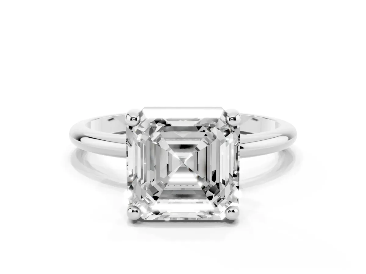 Asscher Cut Solitaire Diamond Ring with 4-Prong Setting on a Classic Band Platinum